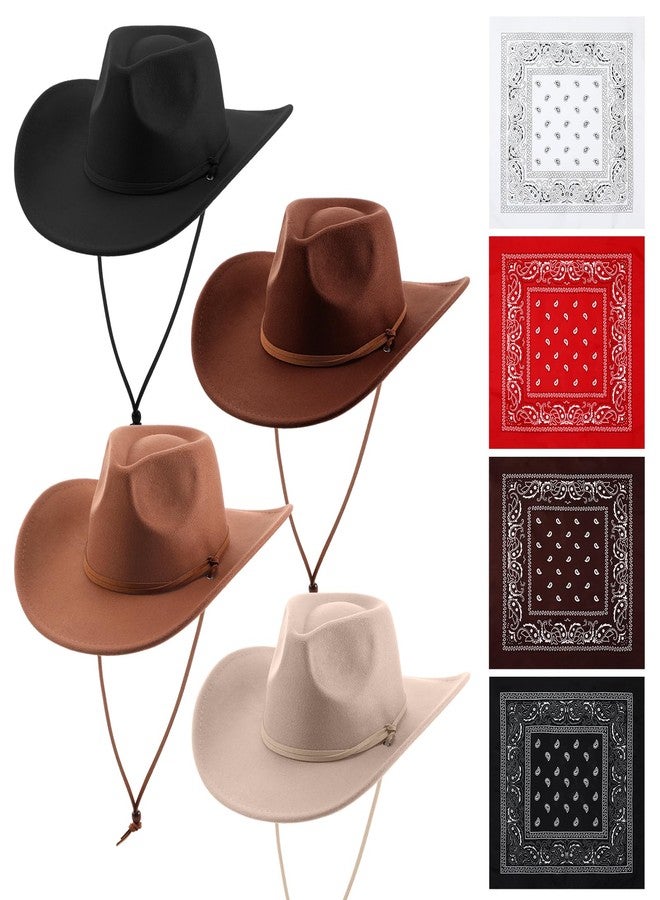 Velmitten Western Cowboy Hat for Men and Women, 4 Pack with Silk Hair Scarfs, Wide Brim Cowboy Hat, Unisex, Outdoor Activities Accessory, One Size, Black, Khaki, Coffee, Beige, Red, White - Image 1